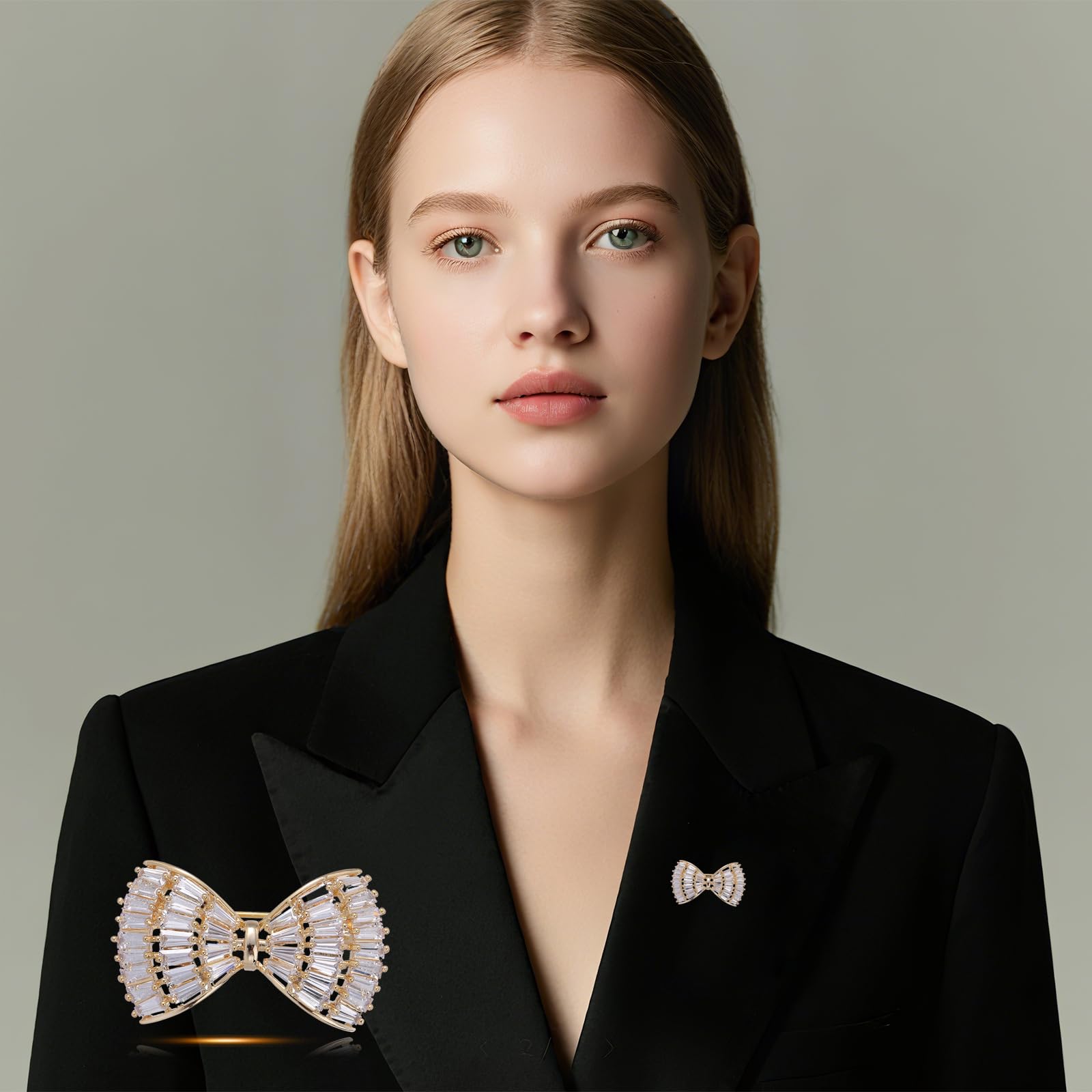 Elegant Bow Brooch with Baguette Rhinestones | Sparkling Gold - Toned Pin Bullet Points