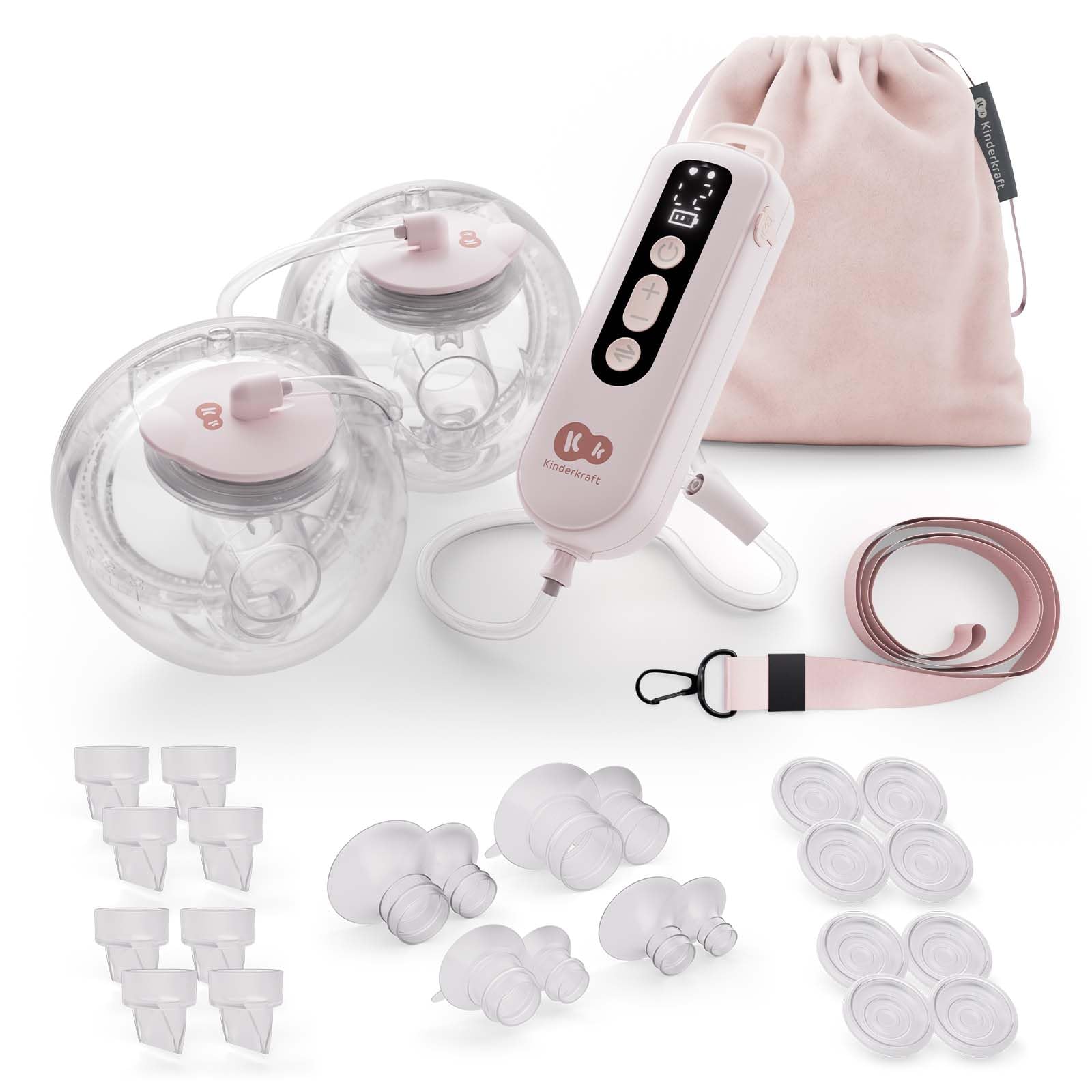Kinderkraft GENTLEFLOW Tiralatte Elettrico Doppio, 3 modalità, 9 livelli di aspirazione, uso singolo o doppio, 5 misure di coppe 17–27 mm, biberon 180 ml, batteria 1800 mAh, ricarica USB-C, Rosa