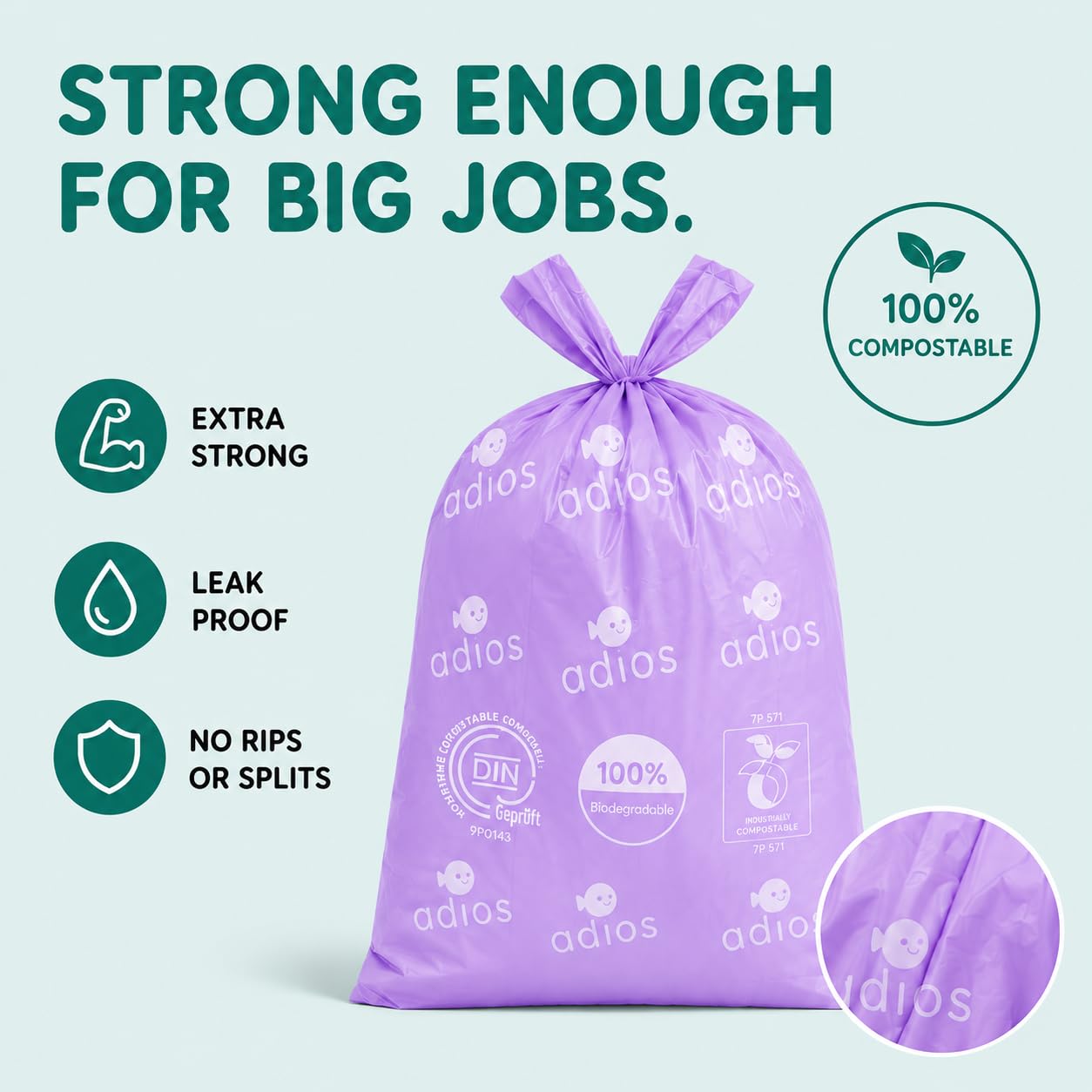 Adios Plastic - Bolsas compostables para excrementos de perro con asas, 360 unidades (24 rollos) - Colores arcoíris - Bolsas extra gruesas, a prueba de fugas, a prueba de olores - Hechas de almidón de