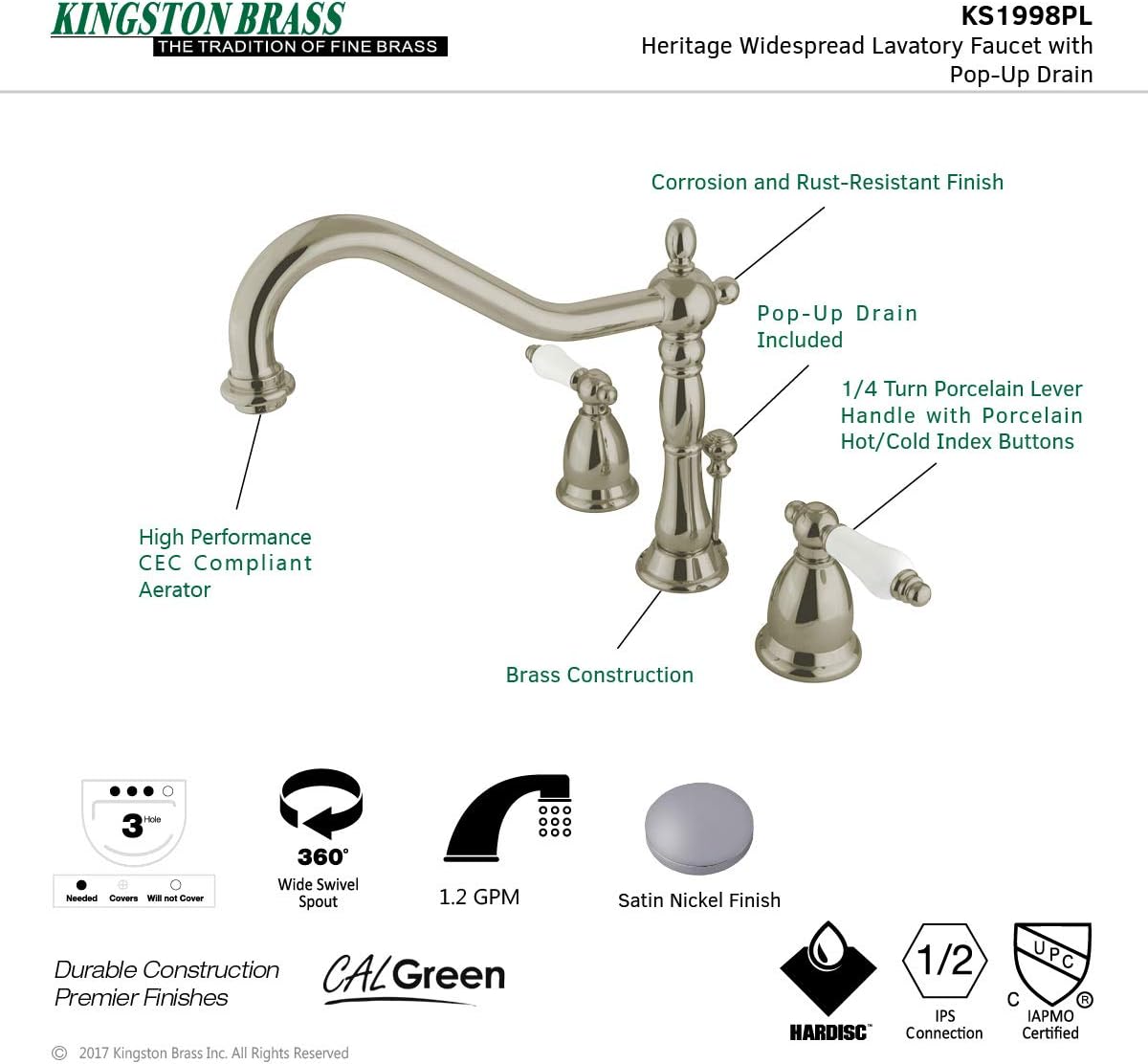 Kingston Brass KS1998PL Heritage Widespread Lavatory Faucet with Handle Pop-Up, Brushed Nickel, 8 x 6.5 x 2.13