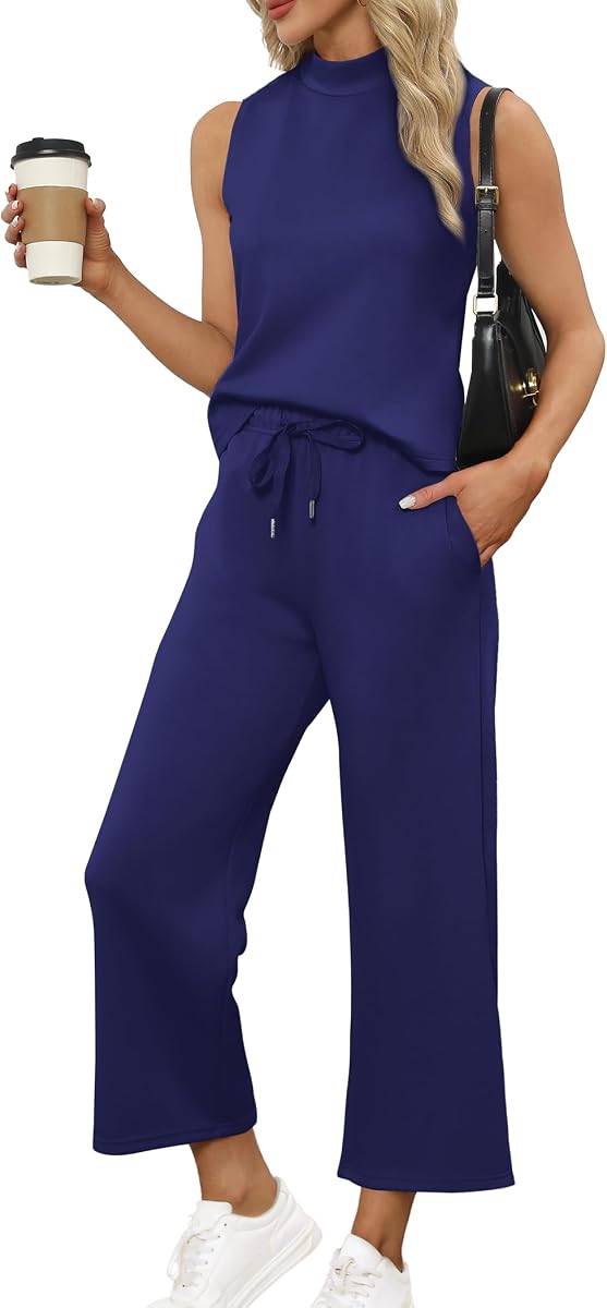 SAMPEEL Two Piece Sets for Women Summer Outfits Lounge Sets Mock Neck Tops Wide Leg Crop Pants Vacation Travel Outfits