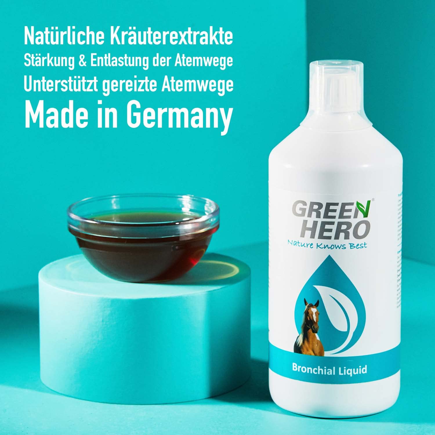 Green Hero Bronchial Liquid pour Chevaux 1000 ML – Jus d'herbes bronchiques avec extraits d'herbes de thym, fenouil et Plus – Jus bronchique avec Herbes respiratoires pour renforcer Les Voies