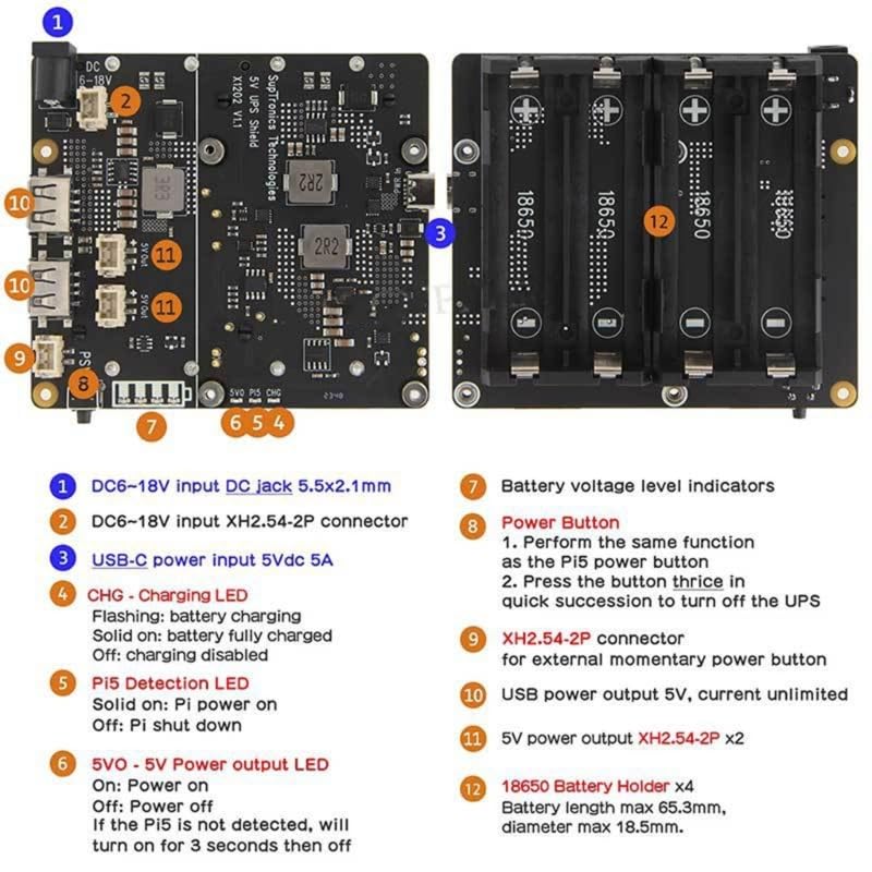X1202 UPS Power Management Board Apagado seguro para RPi 5 con monitor