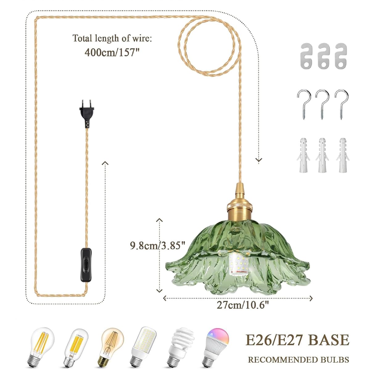 Hängelampe mit Stecker Vintage Glas Grün Pendelleuchte 3 Farbtemperatur Hängeleuchte mit 400cm Kabel und Schalter, E27 Lampenfassung, Blumen Form Lampenschirm, für Flur Küche Esstisch mit Glühbirnen