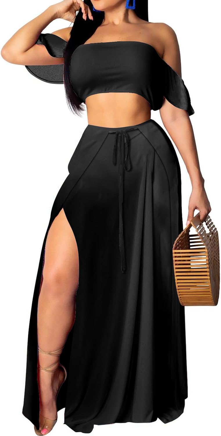 Sexy Two Piece Sets for Women Vacation Elegant Sleeveless Top Long Split Maxi Dress Beach Swimwear