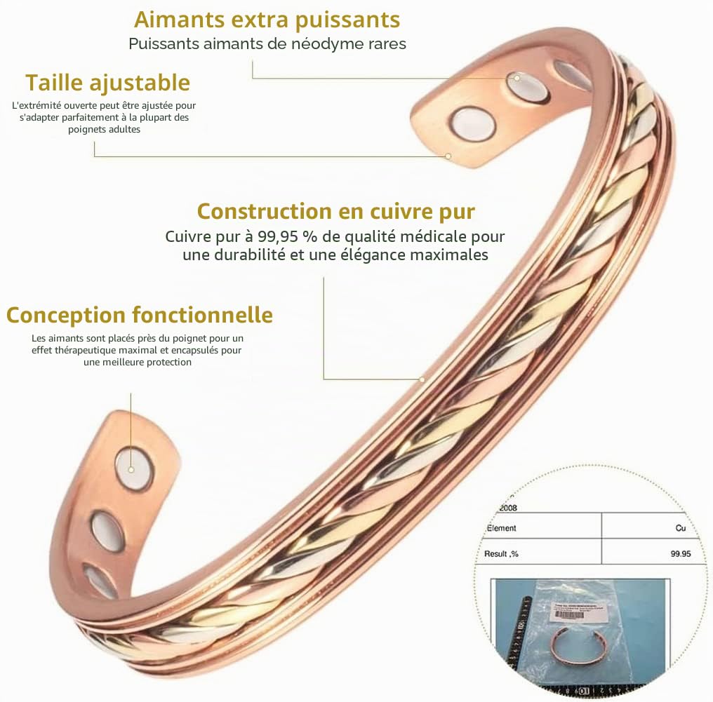 YINOX Bracelet en cuivre tressé magnétique avec 8 aimants, 10 mm, 16,5 cm, réglable, pour homme et femme, idéal comme cadeau pour bijoux