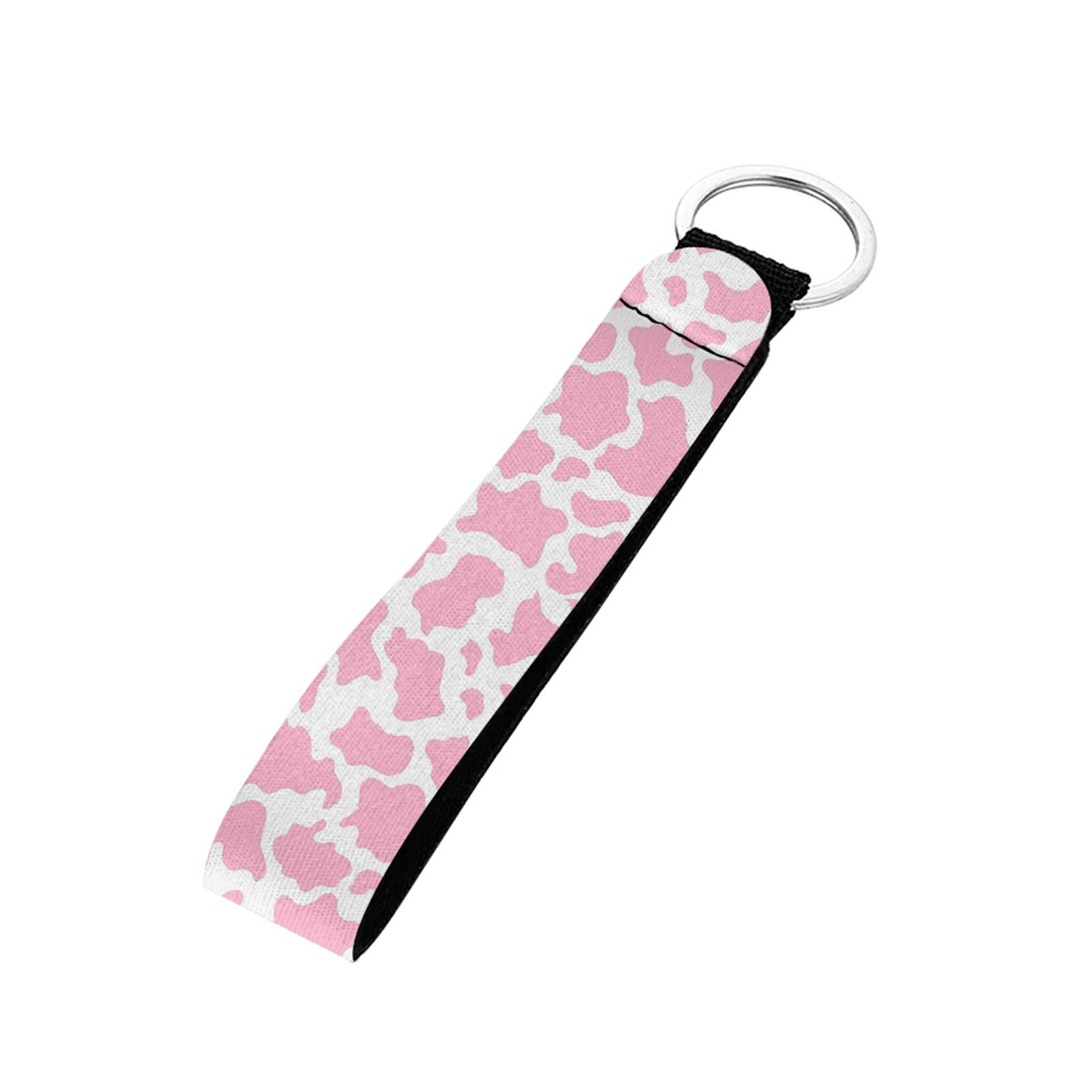 Belidome Pink Cow Print Car Key Chains with Metal Ring Wristlet Strap Lightweight Protable