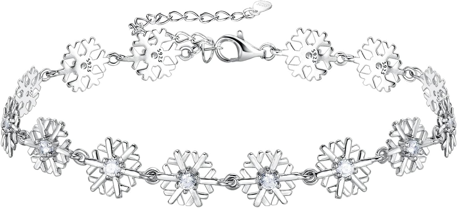 EVER FAITH Winter Snowfalke Link Bracelet, 925 Sterling Silver White CZ Elegant Flower Hand Accessory Christmas Jewelry for Women