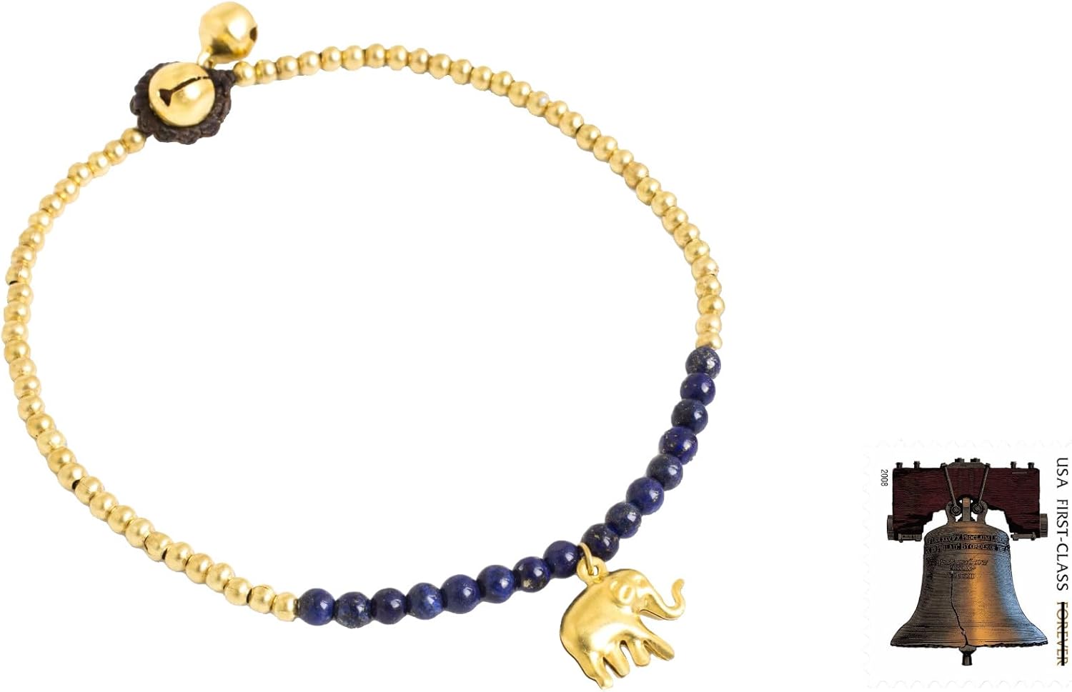 NOVICA Artisan Handmade Lapis Lazuli Anklet Elephant Charm Beaded Brass Blue Gold Tone Thailand Reflecting Pond Animal Themed Birthstone [9.5 in min L x 9.75 in max L 4 mm W Charm(s) 0.5 in L x 0.6 ]