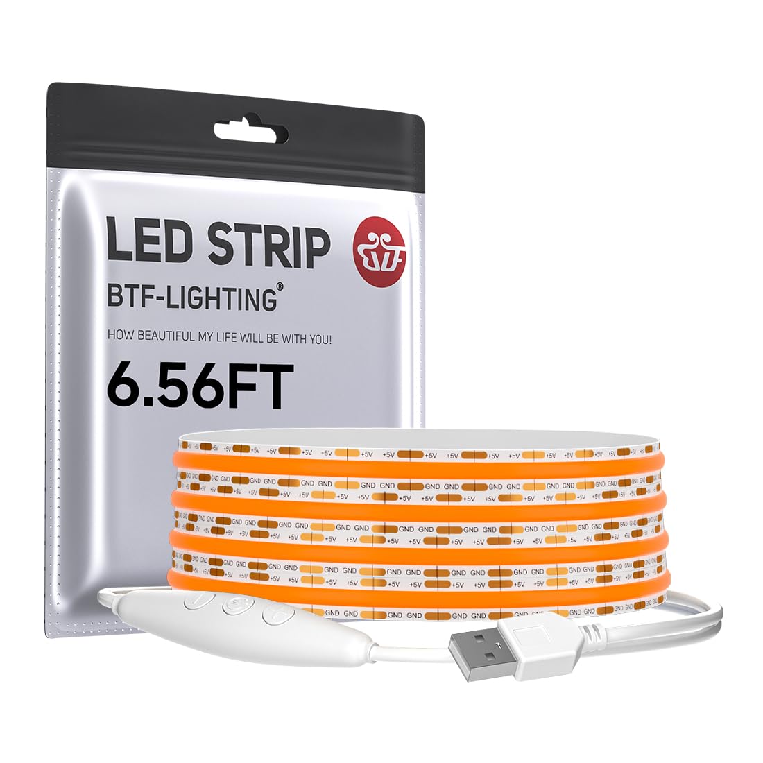 BTF-LIGHTING Dimmbarer USB FCOB COB Orange LED Streifen 2M 640 LEDs Hochdicht 5V Flexible LED Leiste Ultrahell CRI90+ für Wohnzimmer TV Hintergrundbeleuchtung, Schrank, Küche, Gaming PC, DIY Deko