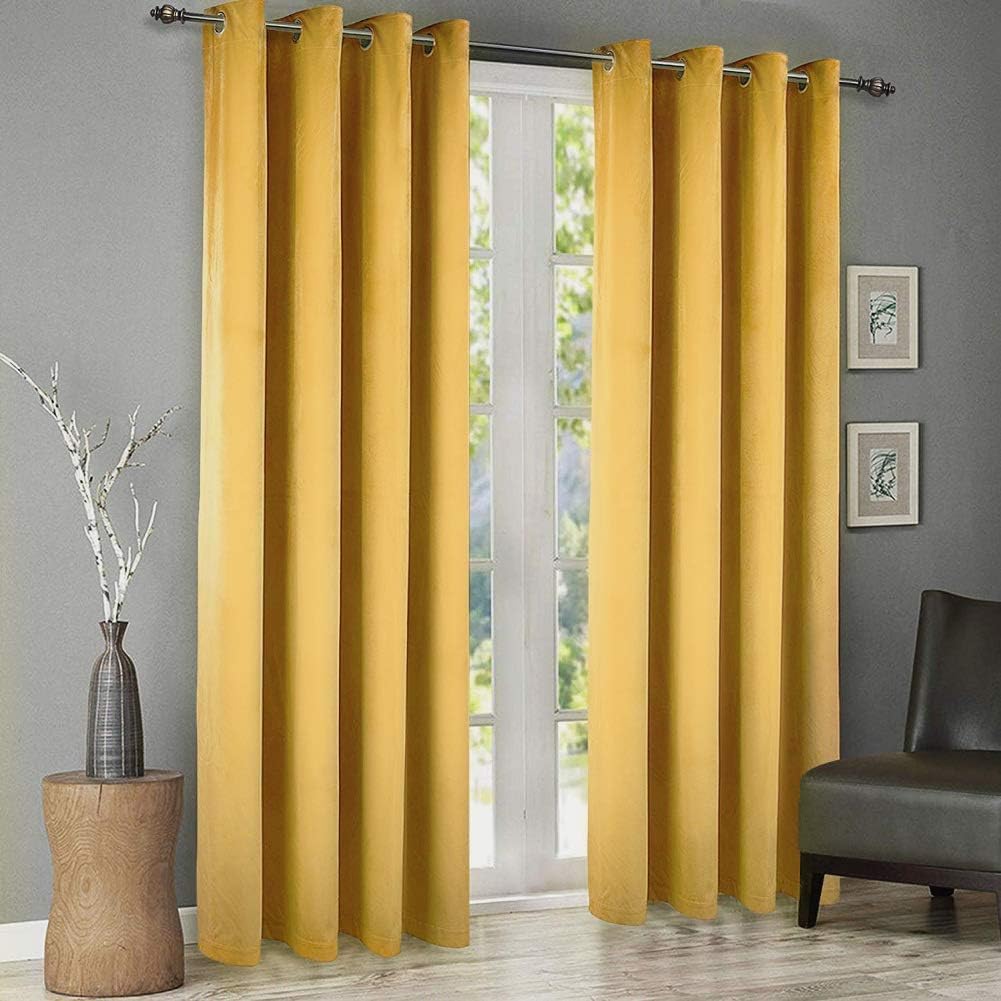 Velvet Curtains Yellow 52 x 96 Inch Blackout Grommet Window Curtains 2 Panels Set for Bedroom and Living Room (W52 xL96, Yellow)