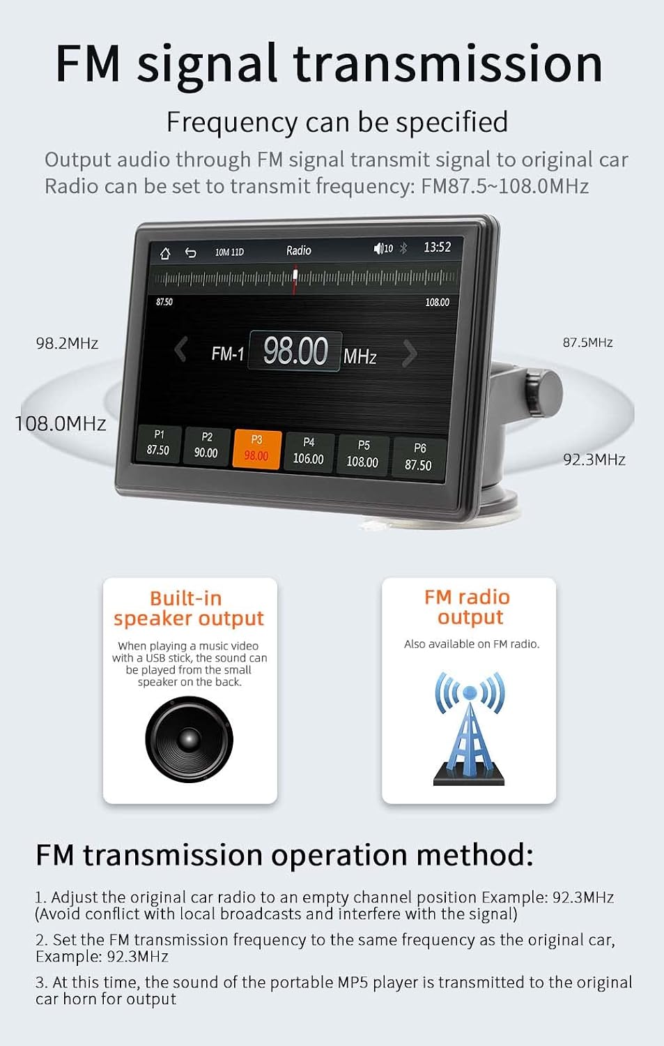 Screen displaying FM radio interface with frequency selection and explanation of FM signal transmission