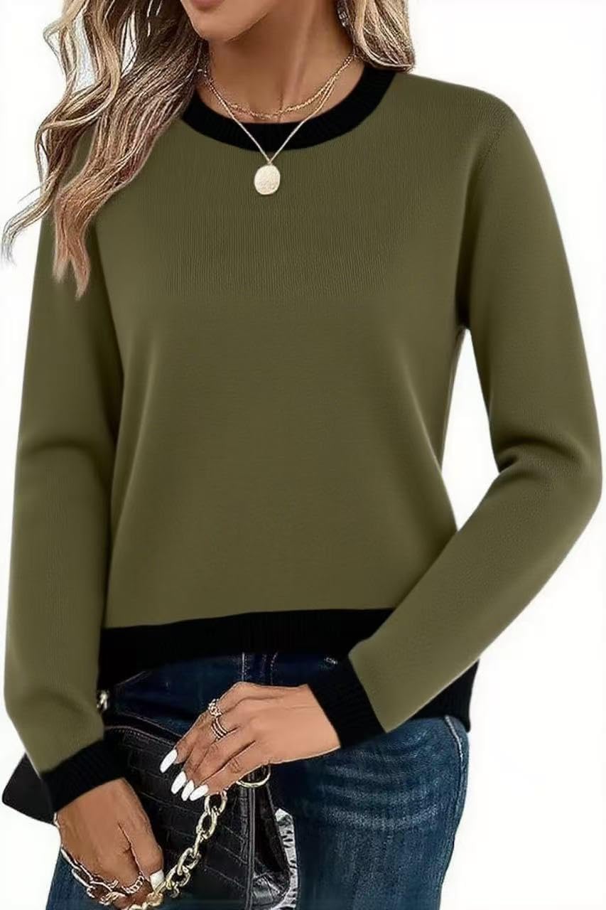 Womens Striped Lightweight Cotton Sweaters Long Sleeve Crew Neck Color Block Casual Knitted Pullover Tops - Image 2