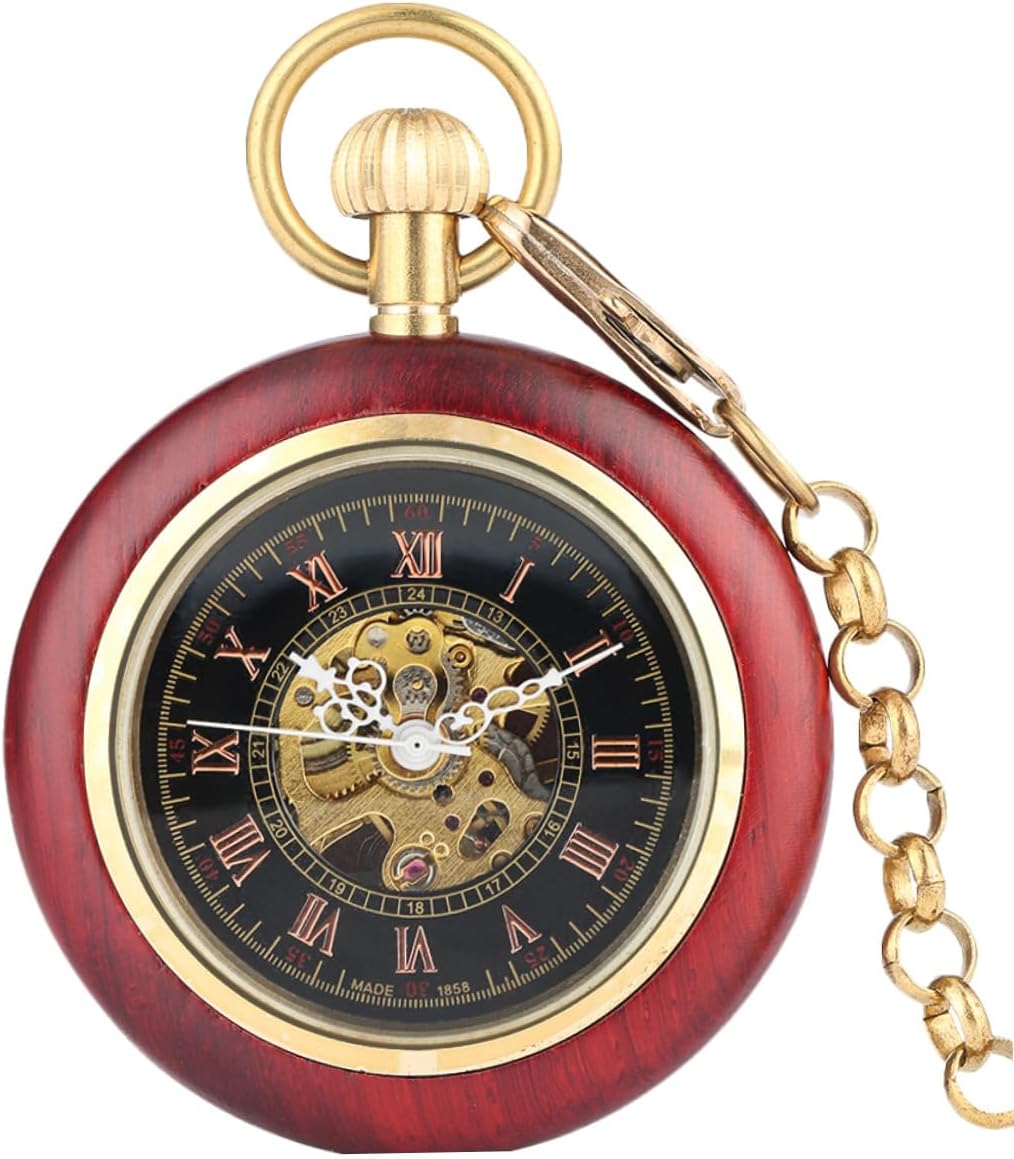Mechanical Pocket Watch with Chain Retro Antique Roman Numeral Dial Copper Textured Bezel Men’s Hanging Watch for Elderly and Vintage Style Accessories