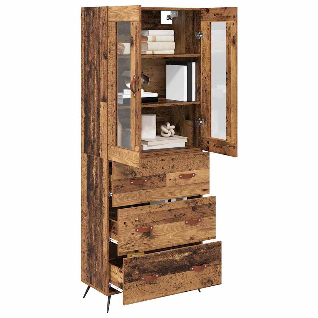 Armadio alto con ripiano in legno anticato, 69,5 x 34 x 180 cm, per sala da pranzo, soggiorno, comò rustico con ante in vetro e vano portaoggetti, ideale come credenza, credenza o credenza