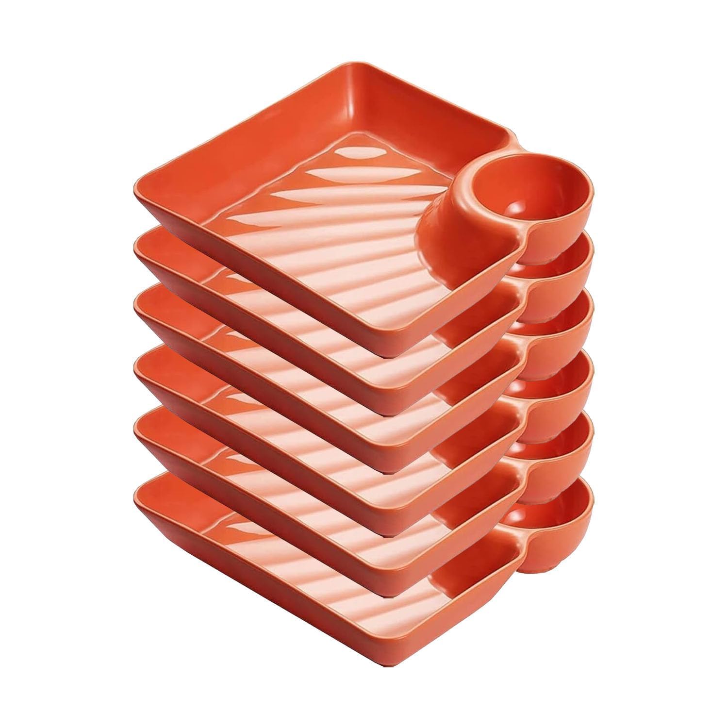 Jeyux Square Plates with Dip Section for Dinner Lunch Breakfast, Food Grade, Reusable, Full Meals Thali, Noodles Platter (Orange, 6Pcs)