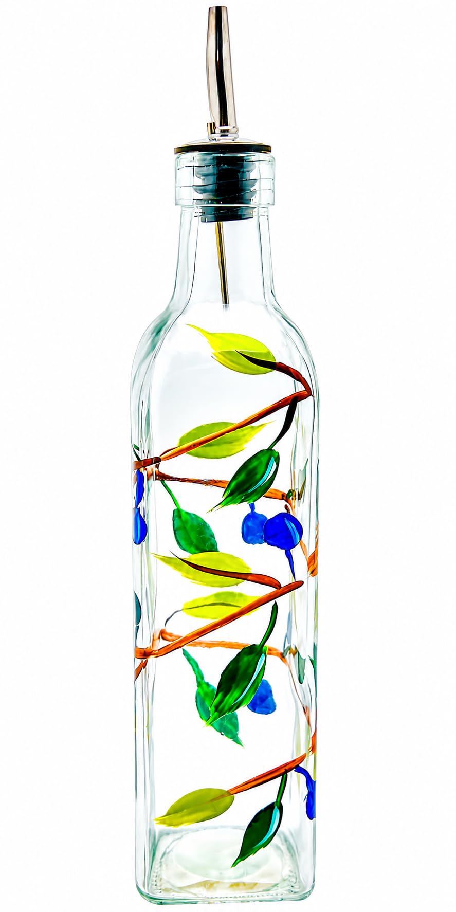 Containly Glass Olive Branch Oil/Vinegar Glass Cruet for Kitchen, 8 oz Olive Oil Dispenser With Stainless Steel Spout for Easy Pouring