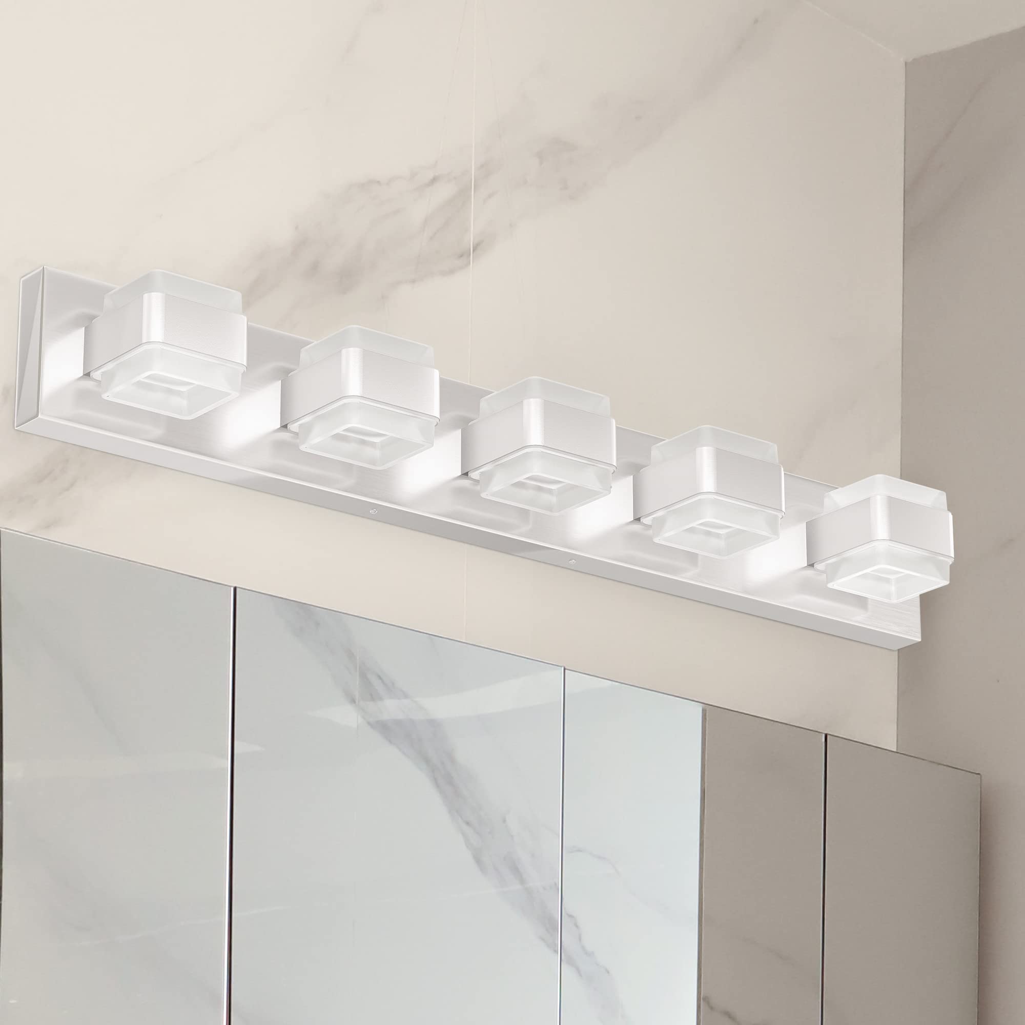 Ensenior Bathroom Light Fixtures, Dimmable LED Vanity Lights Over Mirror, CRI 90, 5000K Daylight, Acrylic Stainless Steel, 5 Lights for Modern Vanity Lighting Fixture, 34W 3150LM - Chrome