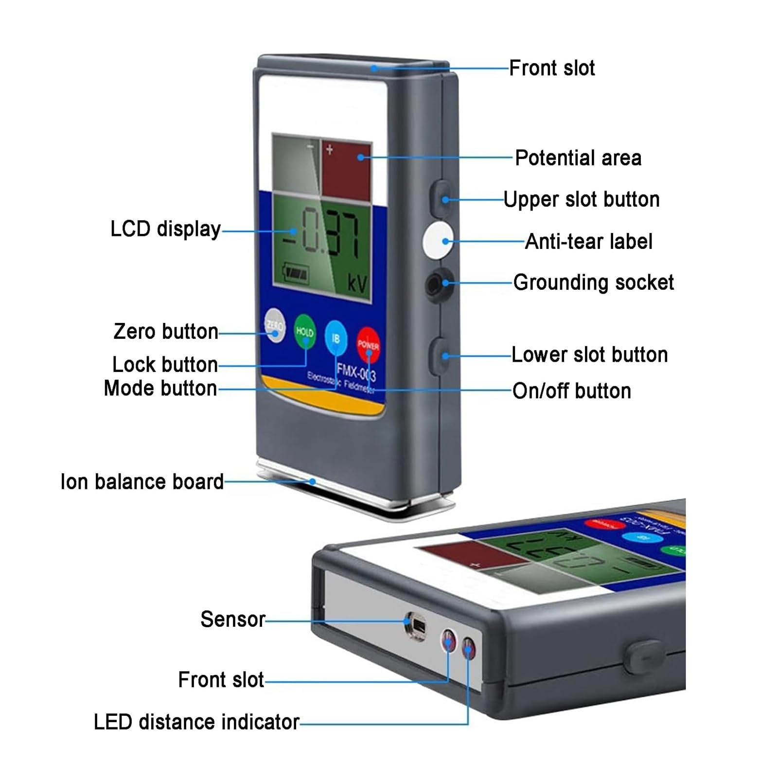 Miernik pola elektrostatycznego, ręczny tester równowagi jonowej 0-20 kV z ekranem LCD do pomiaru gumy, włókien, przędzy, tworzywa sztucznego i paneli kompozytowych