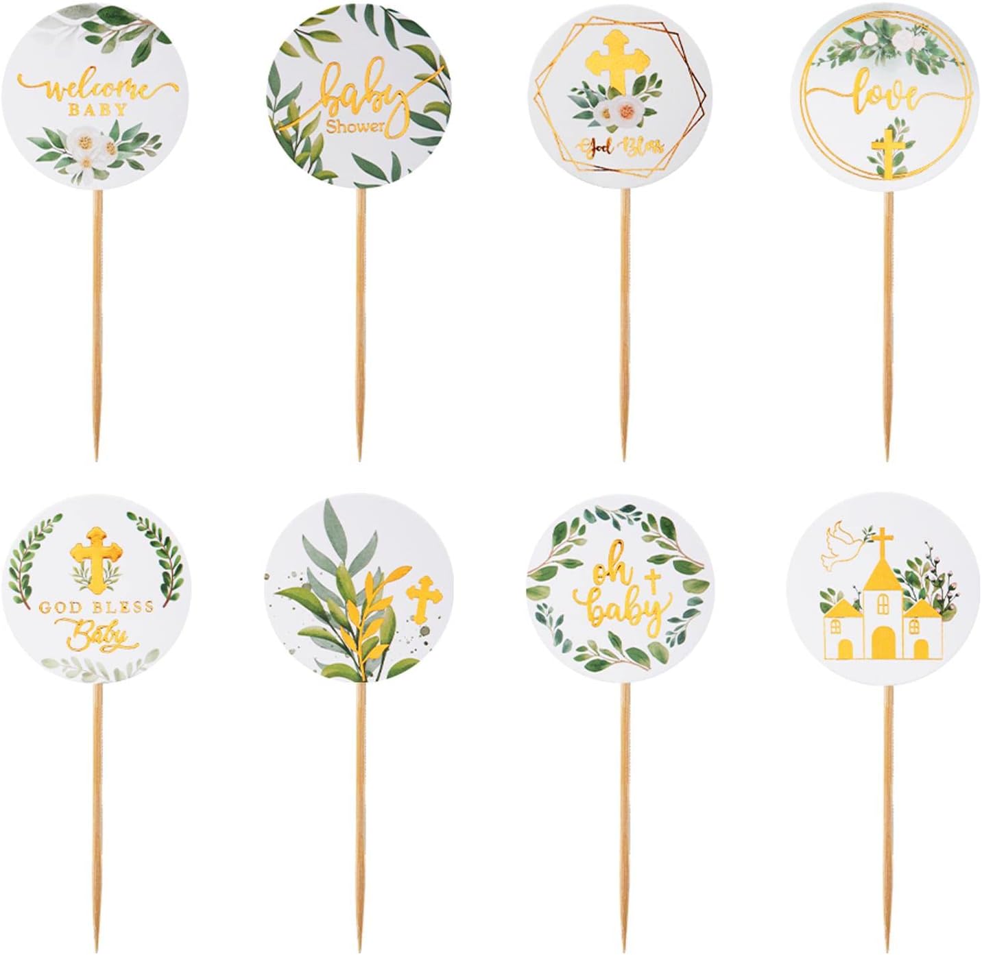 SELOTOKITER 56 Pcs Baby Shower Cupcake Toppers, Woodland Grass Cupcake Topper, Welcome Baby Gender Reveal Cupcake Toppers for Baby Boy Girl Birthday Party Green Leaf Cake Decoration