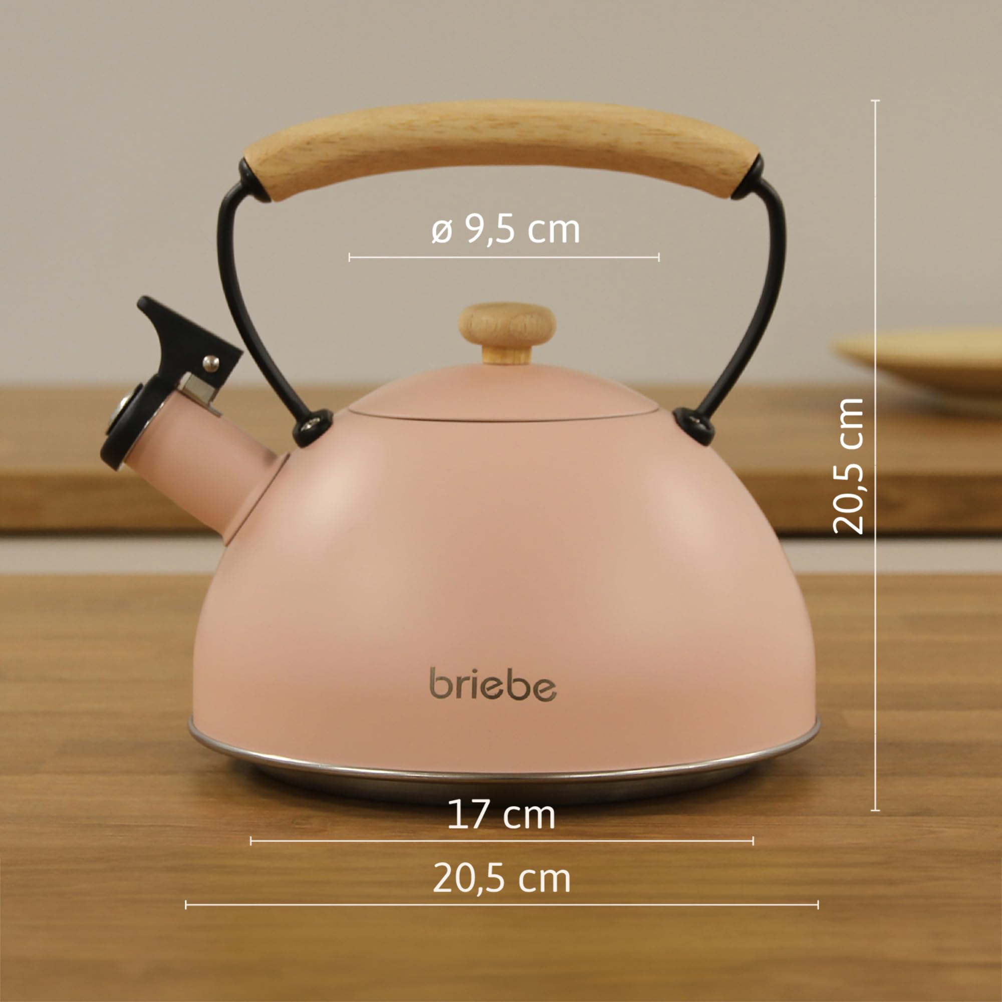 briebe Retro Wasserkessel Induktion 2,3L, Flötenkessel, Edelstahl Teekessel Vintage Design, Alle Herdarten, GlasKeramikherd, Gas, Elektroherd, Holzgriff Cool-Touch, für Tee Kaffee, Tea pot, Rosa