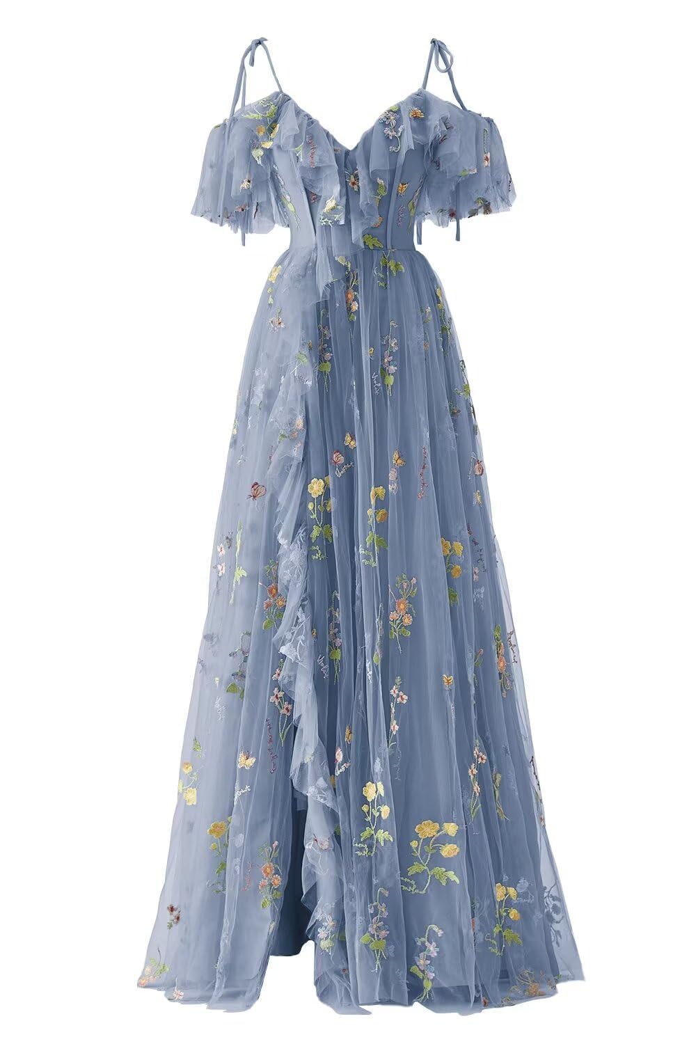 Yiann Women's Dusty Blue Flower Embroidery Tulle Prom Dresses Spaghetti Straps Summer Cold Shoulder Formal Evening Gowns Uk10