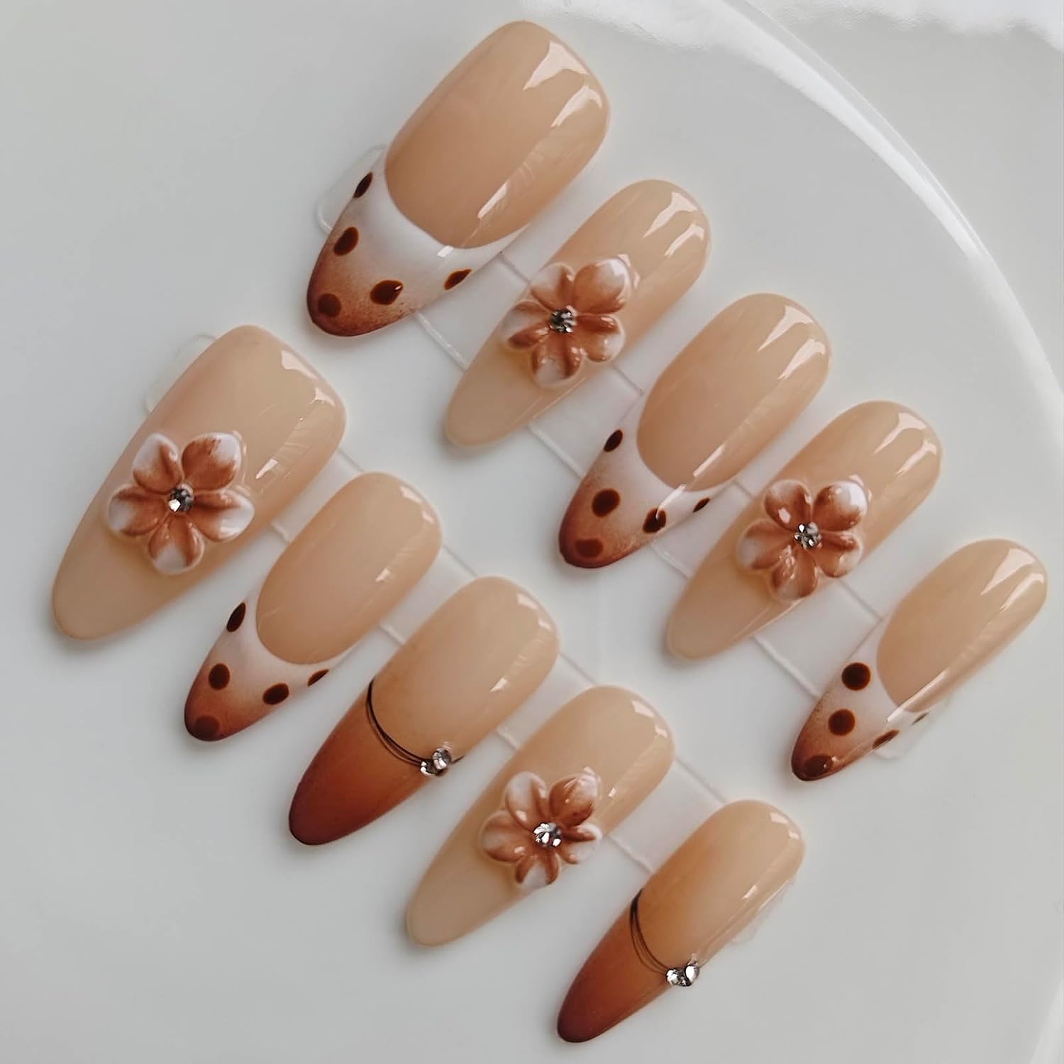 Luxury Medium Handmade Press on Nails Almond 10 Pcs M Size D334 | Rhinestone Design Acrylic False Nails for Women Daily Party Wedding Summer Vacation and Holiday Nail Decor