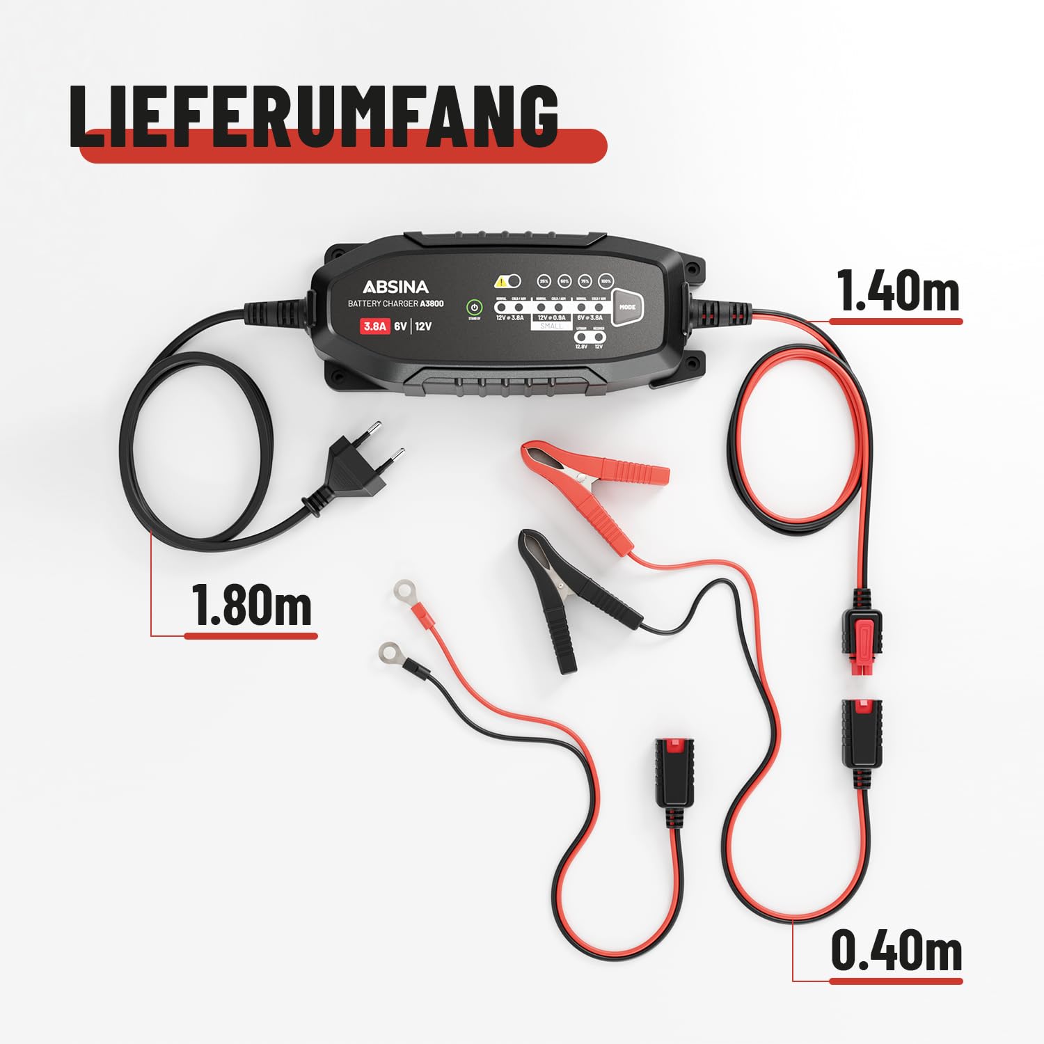 ABSINA 3,8 A Batterieladegerät KFZ für 6V & 12V Blei Batterie bis 120Ah & 12,8V Lithium - Ladegerät Autobatterie - AGM Ladegerät für Auto Motorrad Wohnwagen - Erhaltungsladegerät