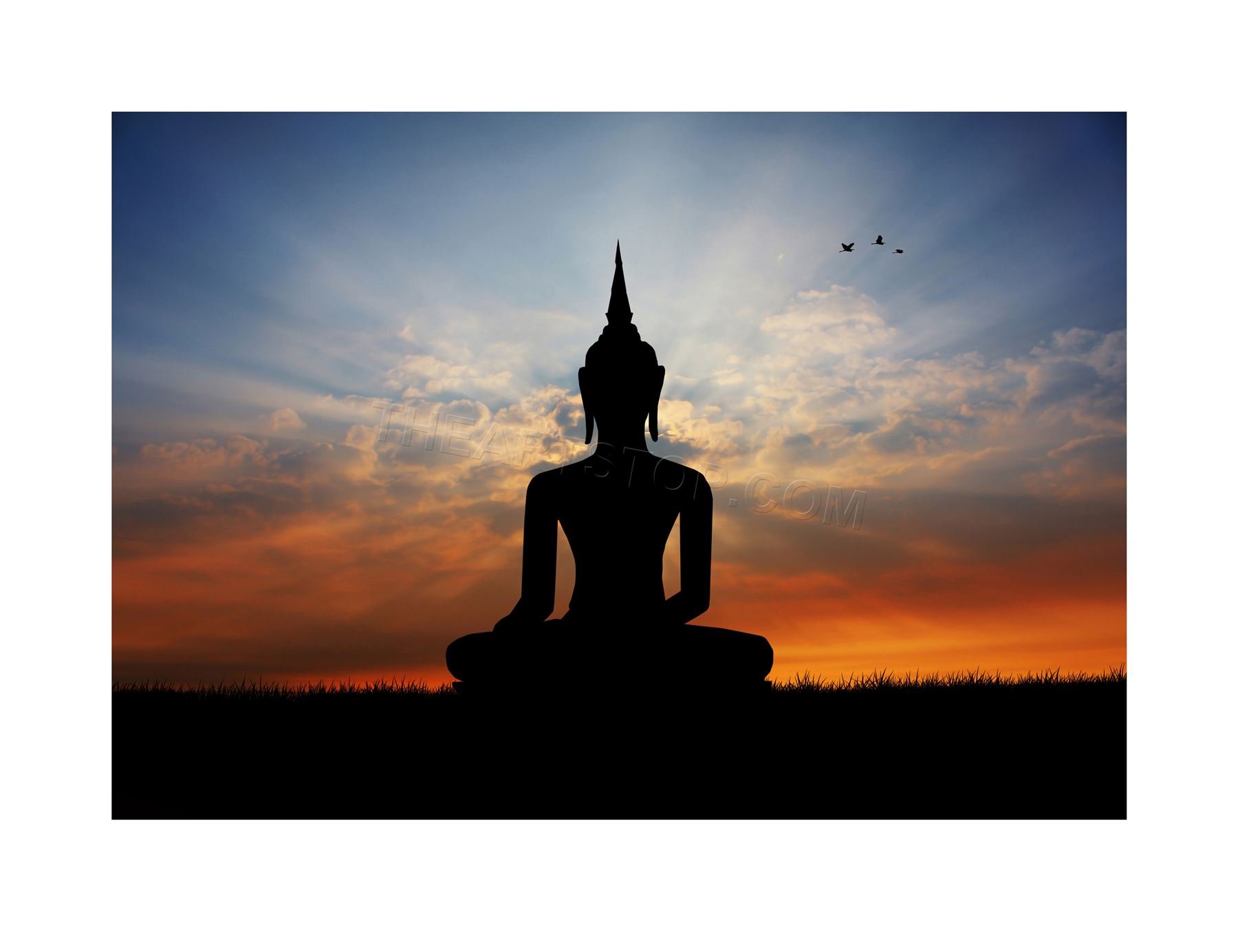 Wee Blue Coo Photo Composition Buddha Statue Sunset Silhouette Wall Art Print