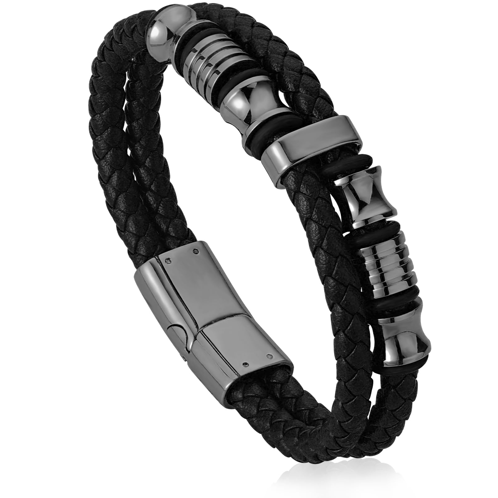 Hengbofeng Mens Bracelet,Gifts for Men,Double-Row Black Braided Leather With Black Stainless Steel Jewelry Bracelets for Men, For Dad, Friends, Brother