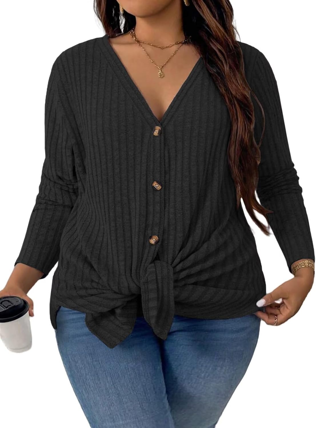 VISLILY Plus-Size-Sweaters for Women Trendy Long Sleeve Lightweight Cardigan Outerwear Loose Button Tunic Open Front Tops - Image 2
