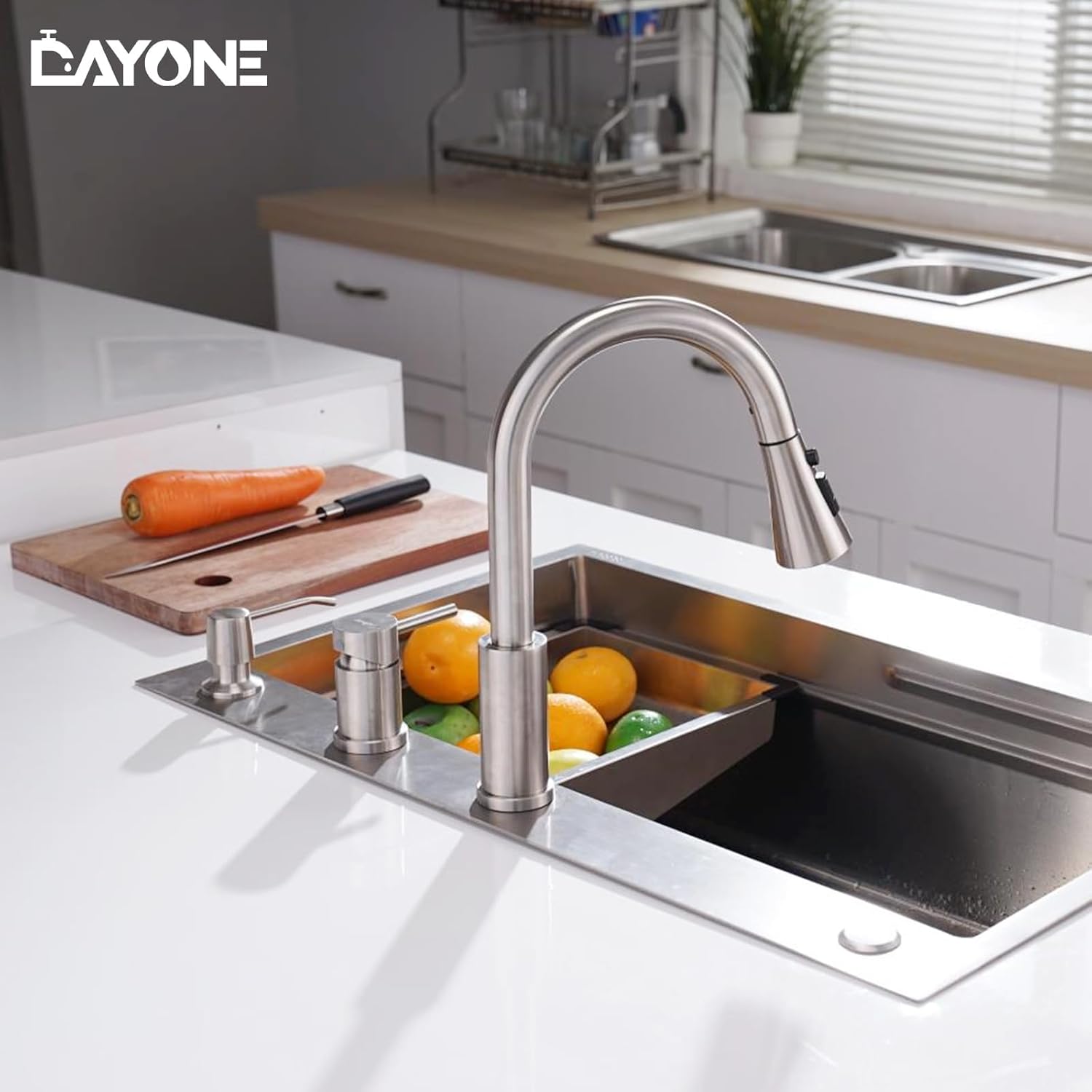 DAYONE 3 Holes Kitchen Faucets with Soap Dispenser, 2 Holes Brushed Nickel Kitchen Sink Faucet with Pull Down Sprayer, Side Single Handle High Arc 3 Pieces, DAY-CR277
