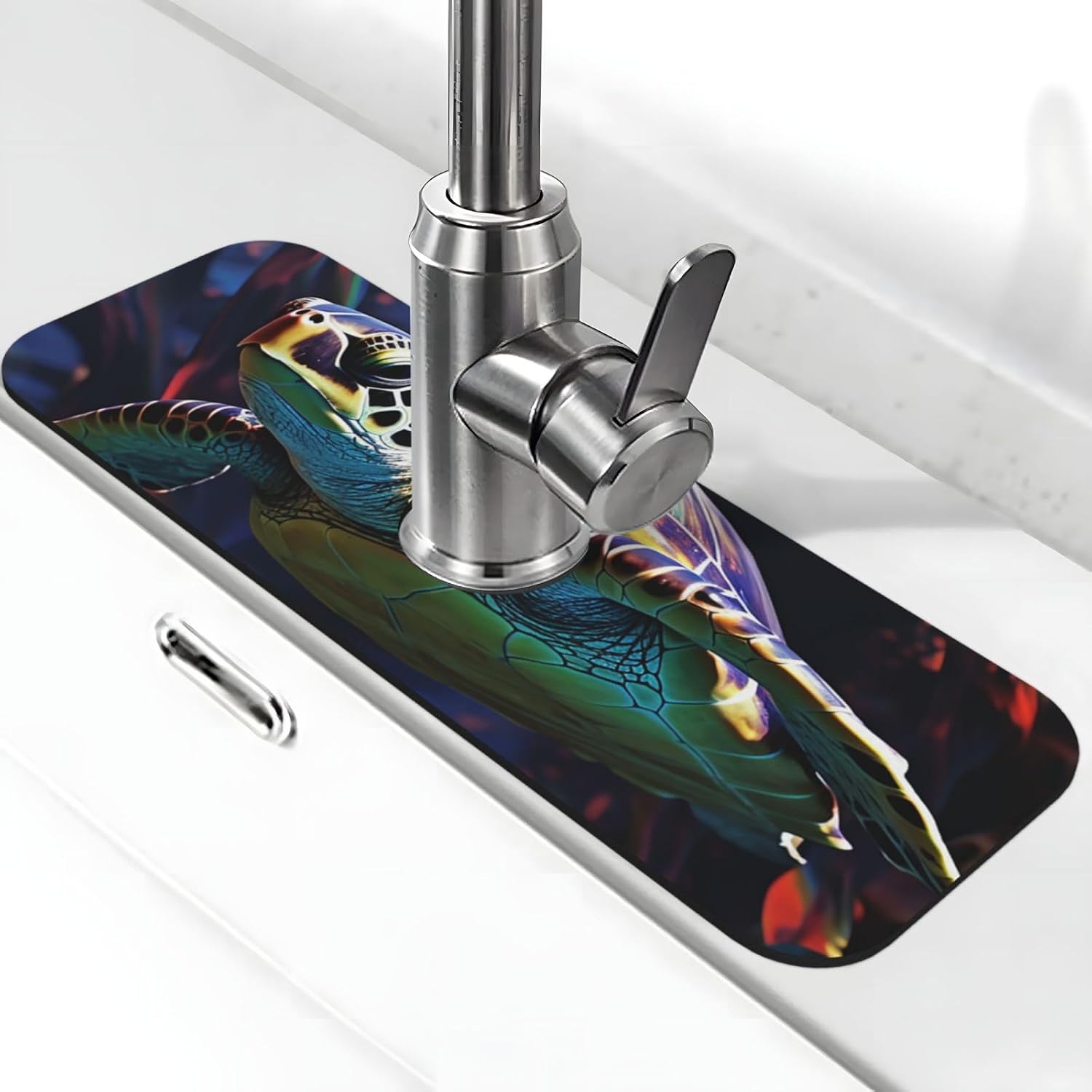 Splash Guard Mat For Kitchen Sink , Super Absorbent Fast Drying Faucet Mat A Colorful Tropical Sea Turtle Draining Mats Sink Gadgets Behind Faucet Sinkmat For Kitchen Bathroom 15"X5.5"