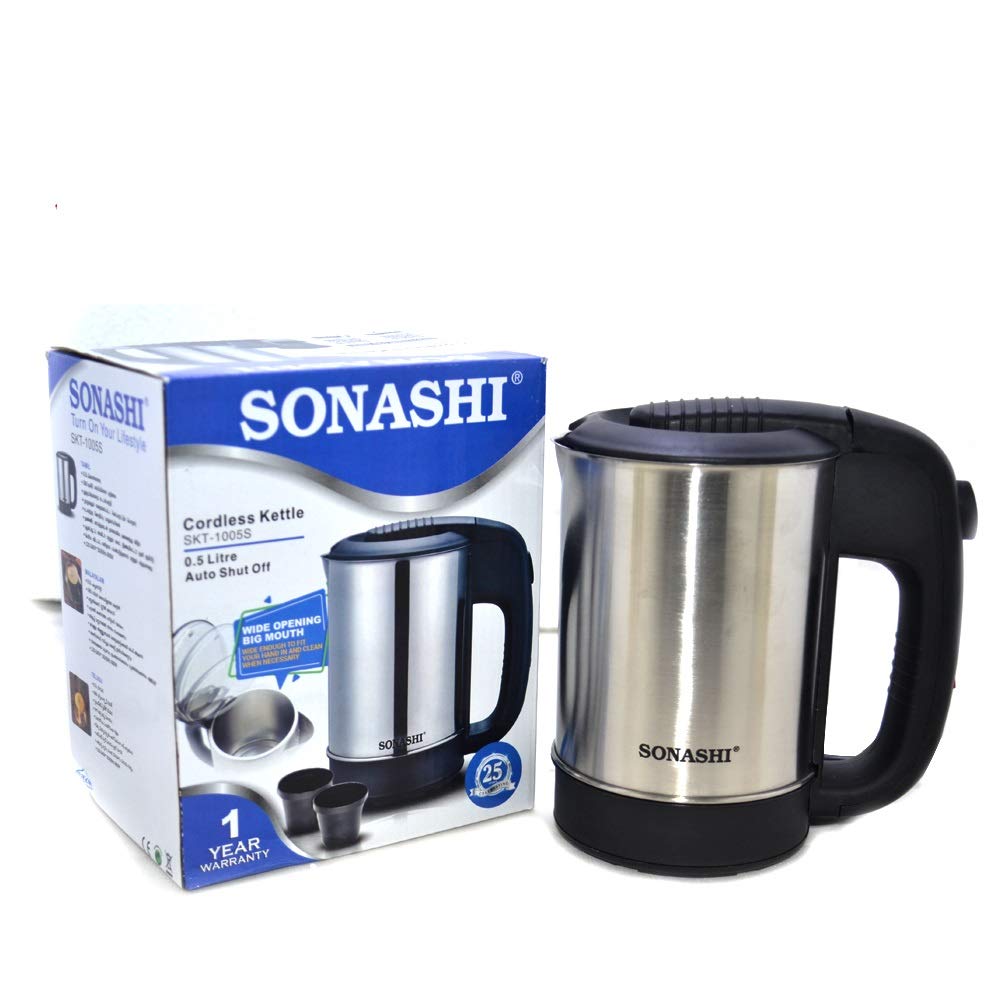 SONASHI Half Litre Kettle Used for Boiling Water, Milk, Making Tea and Coffee, Instant Noodles, Soup etc 600W-Cordless Stainless Steel Kettle With Two Cups SKT-1005S (Black)