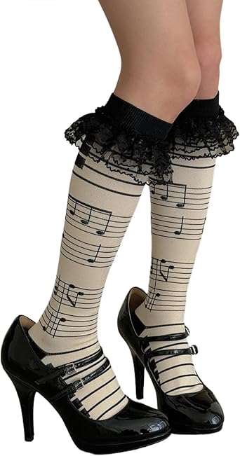 Womens Music Piano Socks Lace Ruffle Socks Whismy Twee Y2k Harajuku Lolita Shoujo Accessories cream white