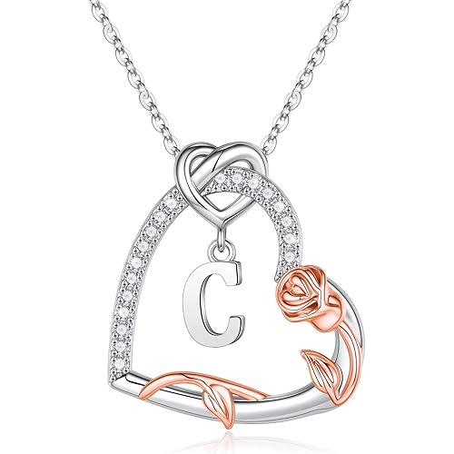 Iefil Rose Heart Necklaces Gifts for Women - 925 Sterling Silver Heart Initial Necklaces, Anniversary Birthday Gifts, Women Jewelry Gifts for Wife Girlfriend Mom Daughter Her