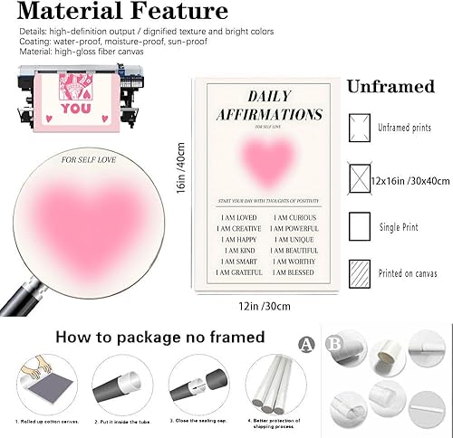 Miniatura 6 de Hwetui Preppy - Pósteres de aura rosa para afirmaciones diarias, arte de pared de moda Y2K, impresiones en lienzo lindo con la suerte que pintas,