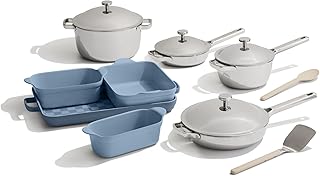 15-Piece Titanium Pro Cookware & Bakeware Set | Tri-Ply Titanium & Stainless Steel Nonstick Fry Pans & Pots | Ceramic Nonstick Bakers & Griddle Pan | Non-toxic, PFAS-Free | Blue Salt