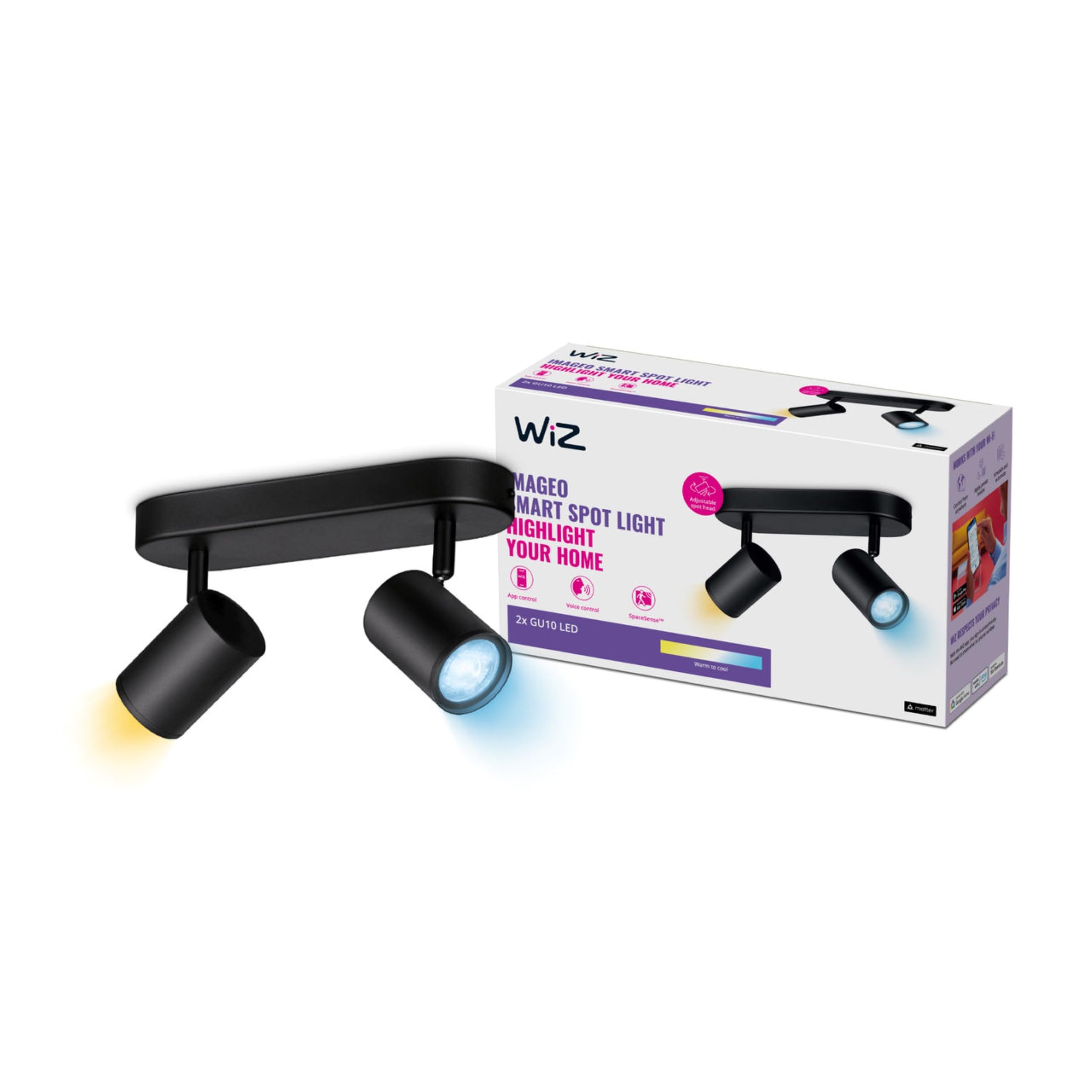WiZ Spots LED connecté Wi-Fi IMAGEO noir 2x5W, 2700-6500K, Nuances de Blanc, fonctionne avec Alexa, Google Assistant et Apple HomeKit