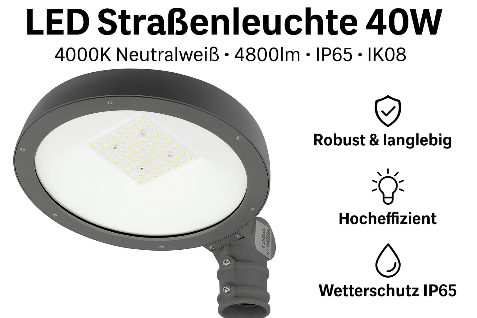 Trano LED Straßenleuchte 40W – 4000K Neutralweiß, 4800lm, IP65 Wasserdicht, IK08 Schlagfest, Robustes Aluminiumguss-Gehäuse, Einstellbare Optik T2/T3, Straßen- & Außenbeleuchtung