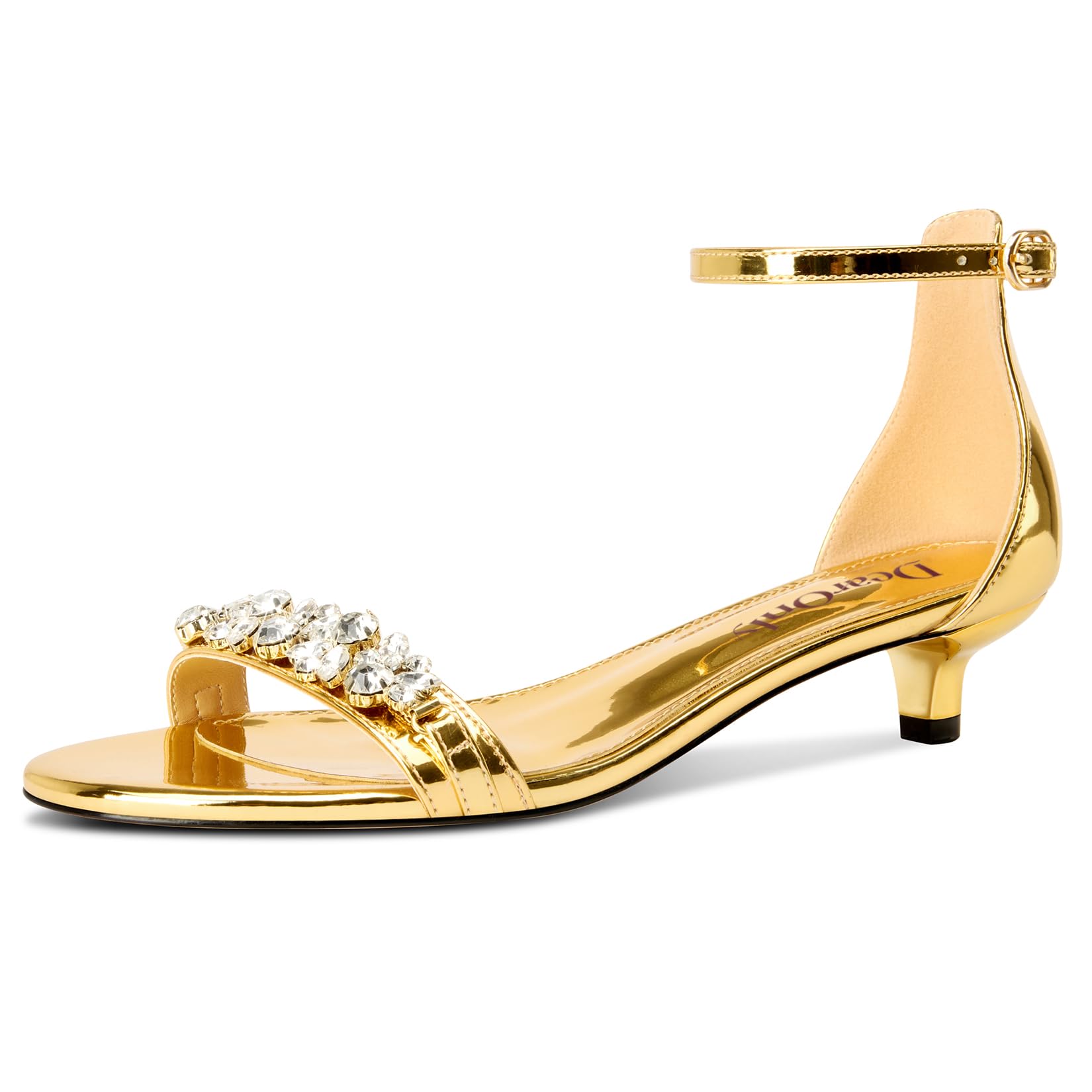 DearOnly Womens Low Kitten Heel Peep Open Toe Ankle Strap Sandals Rhinestone Crystal Buckle Office Summer Dress 1.4 Inches Heels