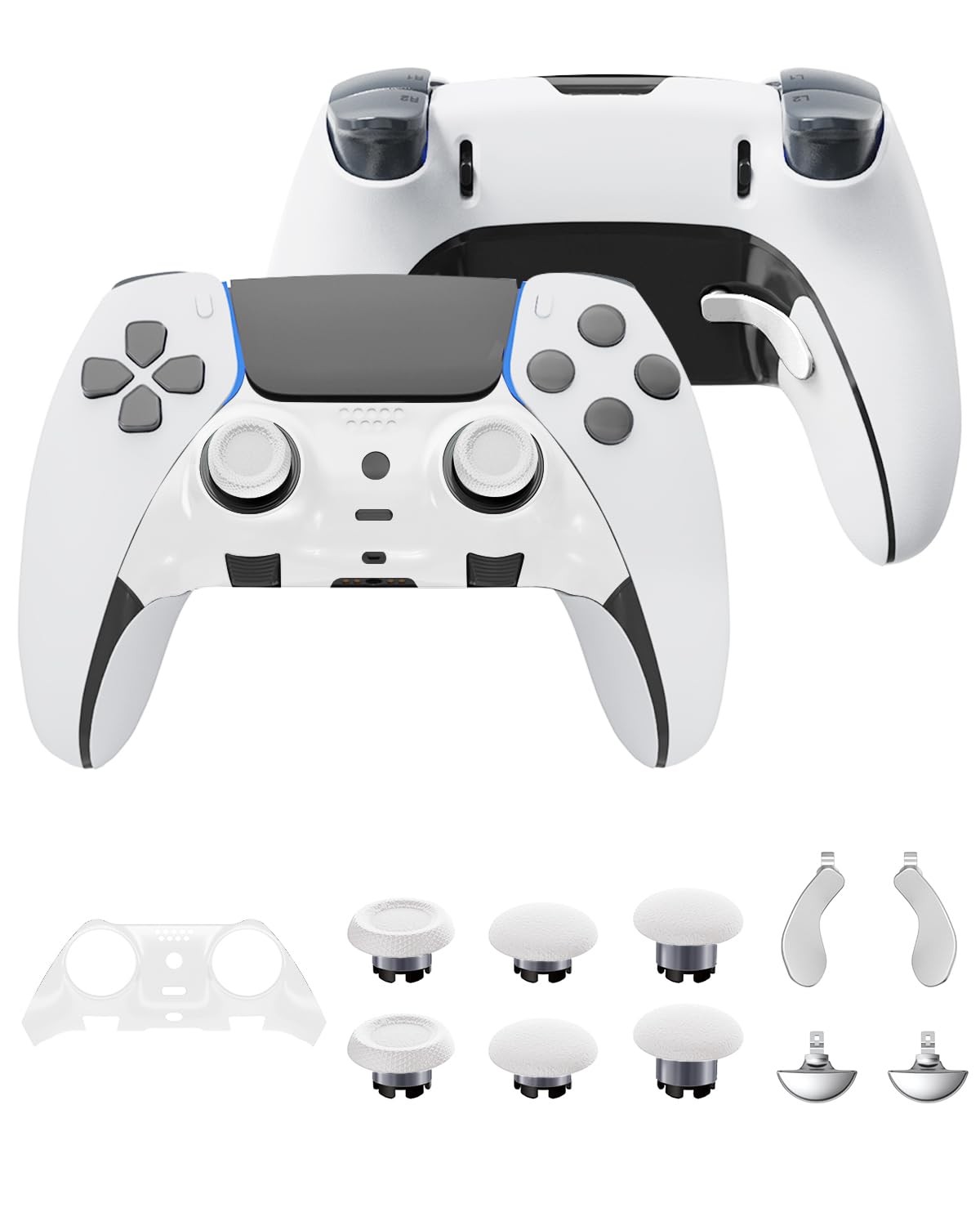 CHARM FOCUS Replacement Thumbsticks & Back Paddles for PS5 Edge Controller | Custom DIY Decorative Trim Front Clip Shell for PS5 Dual Sense Edge Stick Module, 6 Joysticks, 4 Back Buttons, 1 Shell, White
