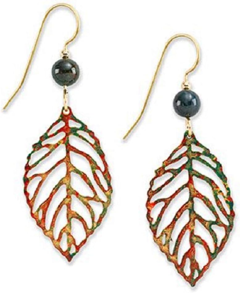 Silver Forest Open Leaves with Green Bead Dangle Earrings