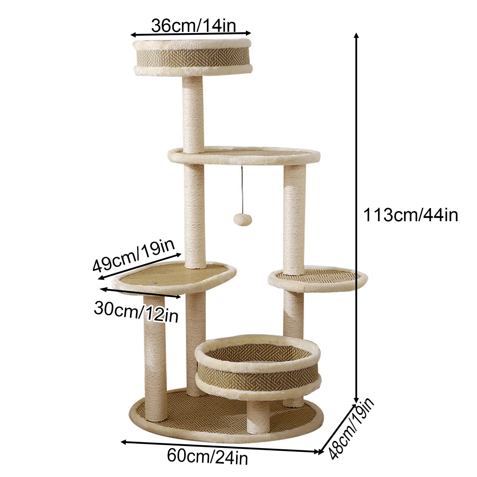 Torre Moderna Tiragraffi Gatto a Più Livelli con Tiragraffi in Sisal Bianco, Cucce per Gatti, Trespolo Superiore, Palline Penzolanti e Piattaforme per Saltare