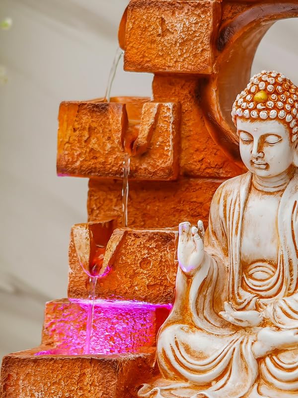 Image of Multicolor Polyresin Tabletop Buddha 5 Step Indoor Water Fountain for Home Decor with LED, Speed Control Pump (Size: 25.5 x 17.5 x 44 CM | Weight: 2525Gram)
