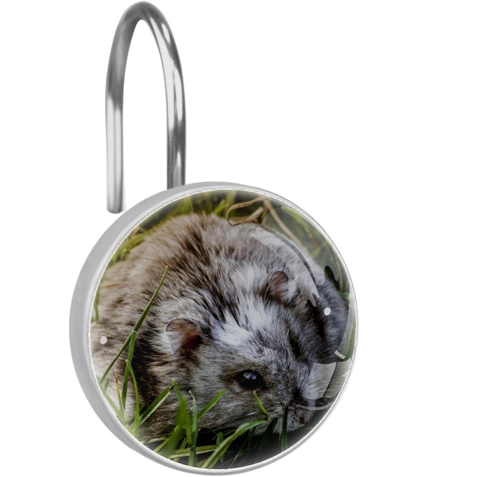 Rideau de douche original décoré de 12 crochets hamsters gris pour une salle de bain nature