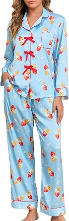 Brosloth Womens Silk Pajamas Bow Long Sleeve Satin Pajama Set Silky Button Down Fall Pjs Loungewear Sets