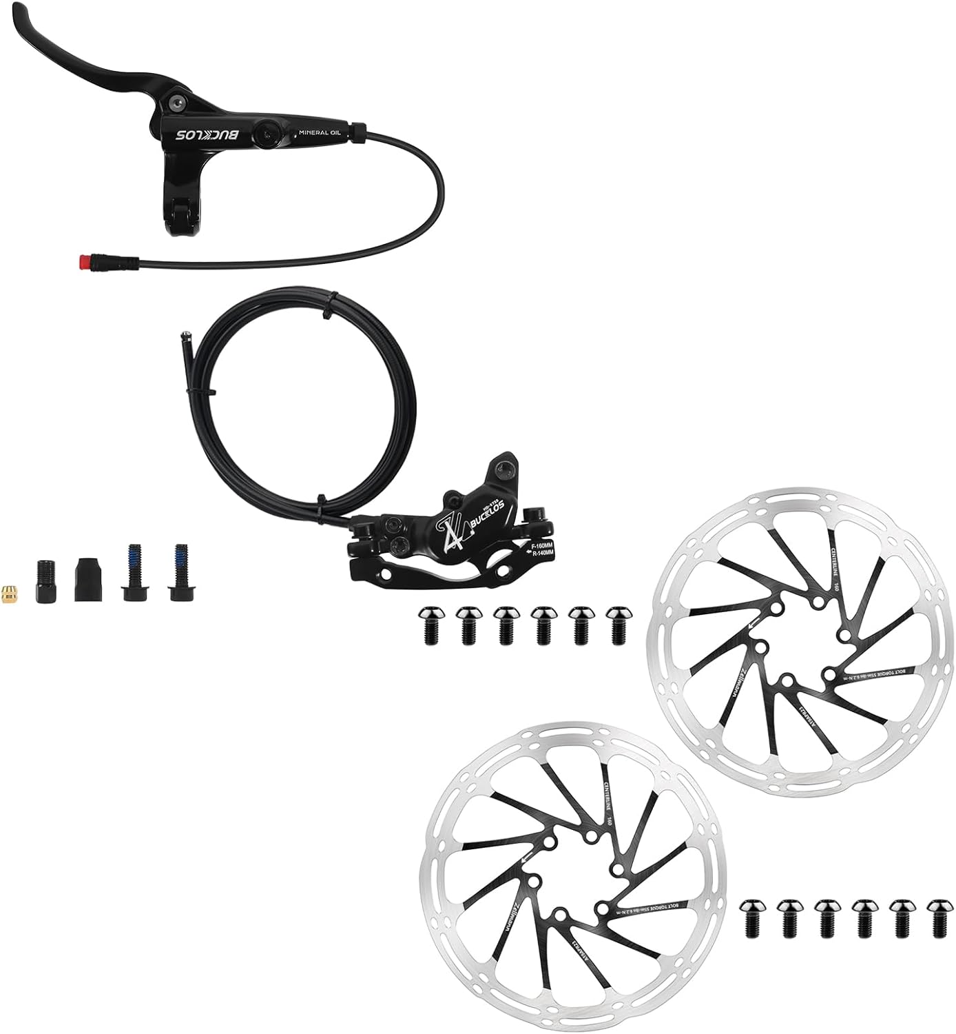 BUCKLOS HD-E375 2-PIN 4 Pistons E-Bike Electric Power Off Hydraulic Disc Brake Left Front 1150mm and 160mm Bike Disc Brake Rotor with 12 Bolts