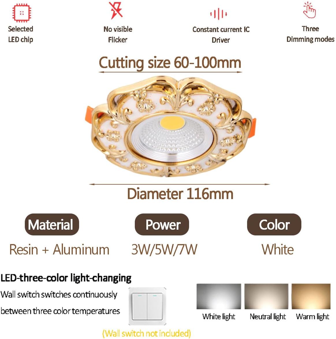 4 Pack Round 3-Color Dimmable LED Spotlight with Golden Baffle Trim, Recessed Downlight for Ceiling Light Fixtures,Ultra-Thin Panel Light for Indoor Use for Living Spaces, Kitchen, Or Hallway