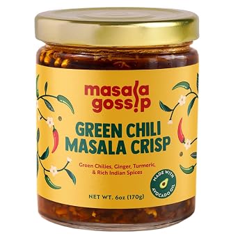 Masala Gossip Green Chili Crisp Crunchy Chili Oil with Green Chillies, Garlic, Sichuan Flakes & Indian Spices Spicy Savory Hot Sauce Drizzle on Noodles, Toast, Veggies Vegan, Seed Oil-Free 6oz